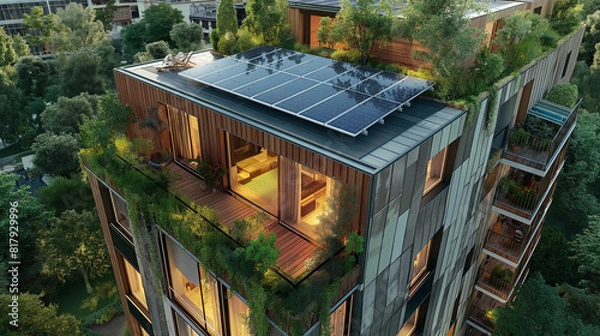 Fototapeta Modern eco friendly passive house with solar panels on rooftop. Home solar panel. Solar panels on roof of modern apartment building in city