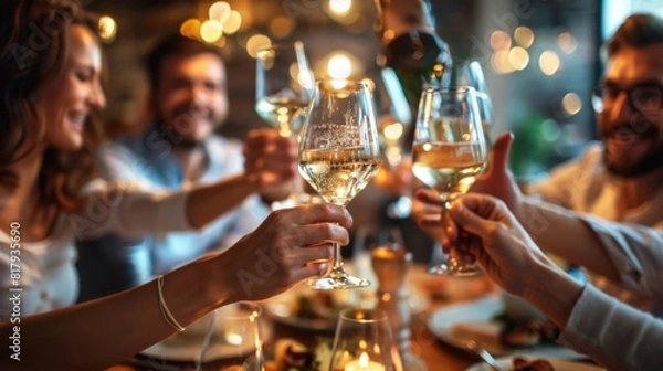 Obraz A group of friends joyfully raise their wine glasses in a toast, celebrating a successful meal together at a dinner party