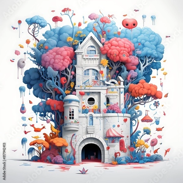 Obraz Fairy tale castle in winter. 3D illustration. White background.