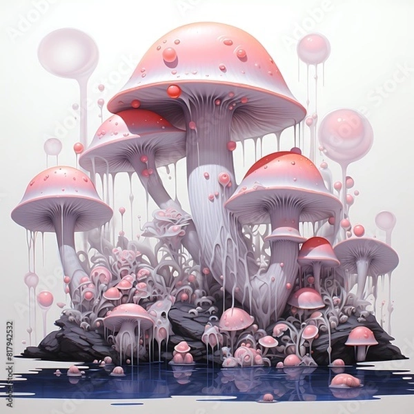 Fototapeta Abstract 3d illustration of mushrooms. Creative design background with copy space.