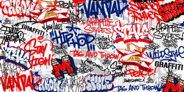 Fototapeta Graffiti background with throw-up and tagging hand-drawn style. Street art graffiti urban theme in vector format.