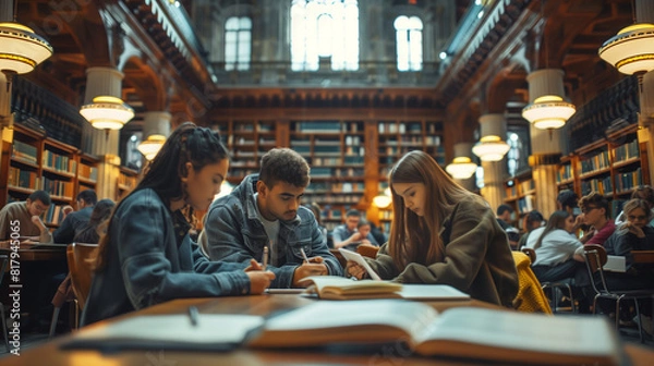 Fototapeta Young students read and learn at university library