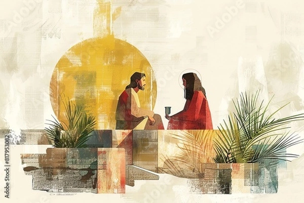 Fototapeta  A minimalist illustration of Jesus with the Samaritan woman at the well of Jacob, showcasing simple and clean lines to create a serene atmosphere, with a focus on the interaction 