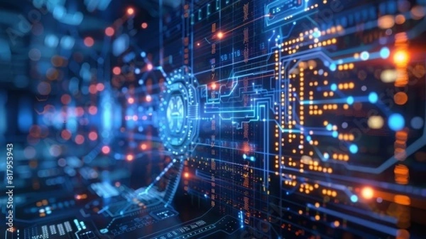 Fototapeta Digital currency exchange with holographic screens, modern, blue and white, vector art, sleek