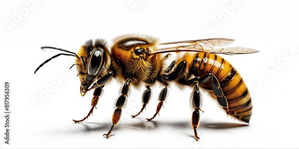Fototapeta a stunning bee is flying, isolated on white background, macro, incredible pollinator, generative AI