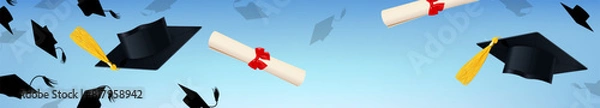 Obraz Horizontal Banner with Graduate Caps and Diplomas