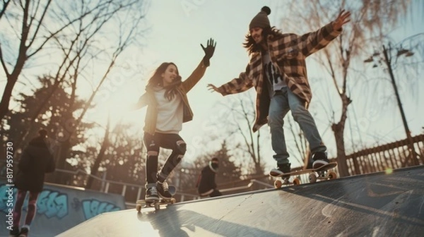 Fototapeta A cheerful guy waves to a girl while skating in an urban skatepark, capturing an energetic moment full of dynamic movement, joy, and the vibrant spirit of city life