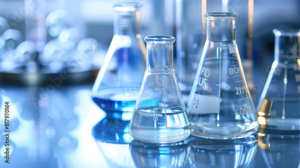 Obraz Laboratory glassware with various liquids on a reflective surface.