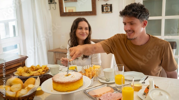 Fototapeta família em casa sentada a mesa pra tomar café da manhã, reunião de família, família feliz comendo. mesa de café da manha com frutas e pão.