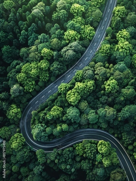 Fototapeta A winding road through a forest with trees on both sides