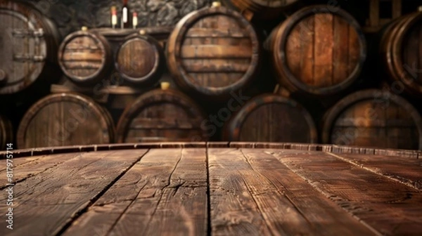 Obraz Empty wooden table top for product display, presentation stage. Wine cellar with barrels in the background.