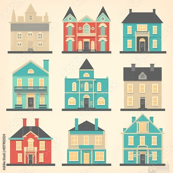 Fototapeta Icons of houses and buildings isolated on white. Illustration in vector format