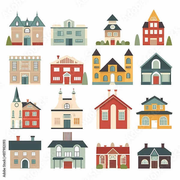 Obraz Icons of houses and buildings isolated on white. Illustration in vector format