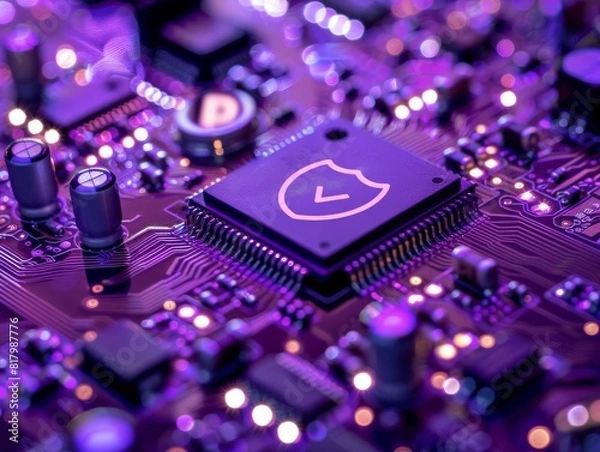 Fototapeta A circuit board with a security chip. The chip has a shield icon on it. The circuit board is purple and the chip is blue.