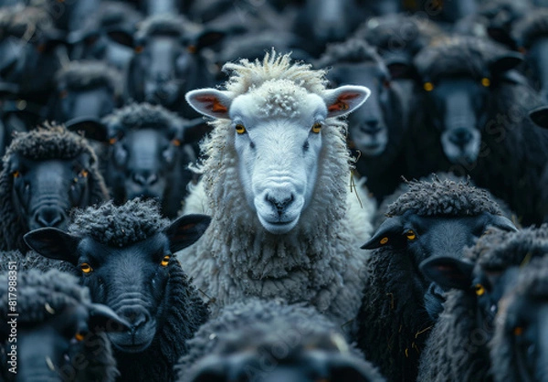 Obraz White sheep stands out in herd of black sheep