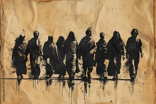 Fototapeta A minimalist illustration featuring Jesus and the 12 disciples, depicted with simple and clean lines to highlight the unity and diversity among the figures