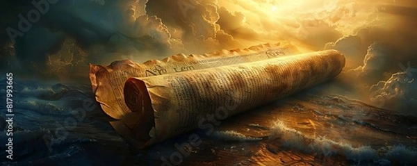 Fototapeta Ancient scriptures unfurling like a scroll, revealing scenes of creation, miracles, and divine intervention