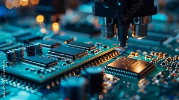 Fototapeta Close-up of a robot arm assembling circuit boards in a high-tech electronic factory, sharp focus on precise movements and detailed components