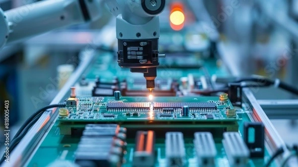 Obraz Inside an electronics factory, a close-up on the automated production line for cables, emphasizing the high-tech manufacturing process