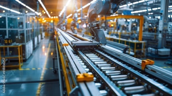 Fototapeta Industrial factory line producing calculators, showcasing the high-tech assembly process, wide-angle view