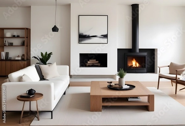 Obraz 3D A modern living room with white sofa, home desk, dry flowers in a vase, ceramics, fireplace, industrial style