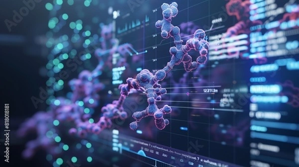Fototapeta Analyzing protein structure with 3D models on PCs for biotech research insights.