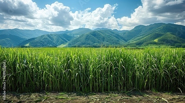 Fototapeta A field of tall, green sugarcane ready for harvest.