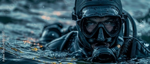 Fototapeta A Navy SEAL in full diving gear emerging from the water, close up, stealth theme, realistic, Overlay, a nighttime shoreline as backdrop