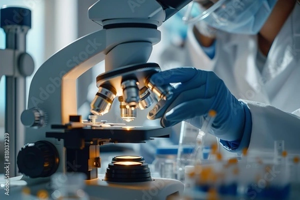 Fototapeta Scientist working in a laboratory with a microscope