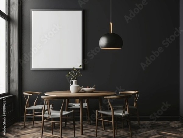 Fototapeta Modern Dining Room with Wooden Furniture and Blank Frame on Dark Wall