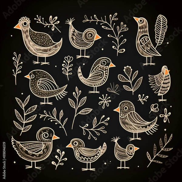 Fototapeta Hand drawn chalk birds on black background