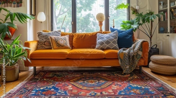 Fototapeta bohemian home decor, bohemian style rug with mandala patterns adds a cozy and eclectic touch to a hardwood floor, perfect for a vintage-inspired living room
