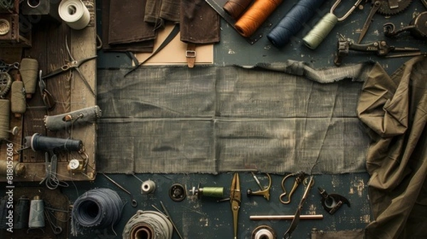 Fototapeta An artisanal display of sewing essentials and various industrial fabrics with rich textures, capturing the timeless craftsmanship of tailoring on a vintage workbench.