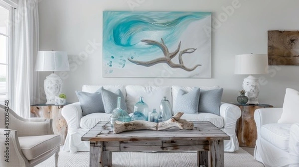 Fototapeta A living room with a serene ocean theme, featuring sea glass decorations and soft blues, creating a peaceful, maritime-inspired oasis for relaxation and inspiration.