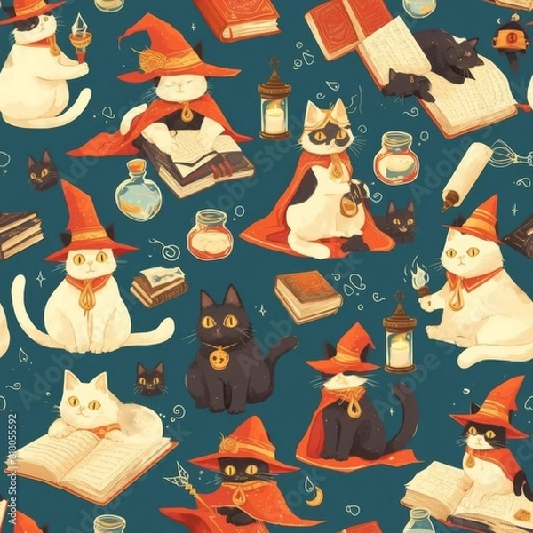 Obraz Mystical wizard cats casting spells and reading books in this enchanting seamless pattern, a magical addition to any space or whimsical fabric design. Wallpaper background.