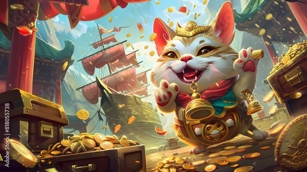 Obraz 3D. Realistic. Printing. Illustrate. Generate AI. Mythical Lucky Cat, right front leg up, surrounded by treasure chests overflowing with gold coins, pirate ship in the background, adventurous feel.