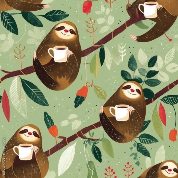 Fototapeta Relaxed sloths hanging from tree branches, leisurely reaching for mugs and teacups, are depicted in a soothing seamless pattern, perfect for a cozy wallpaper or calming fabric design.