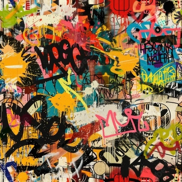 Obraz Urban graffiti art with vibrant splatters, tags, and icons in a chaotic collage. Seamless pattern wallpaper background.