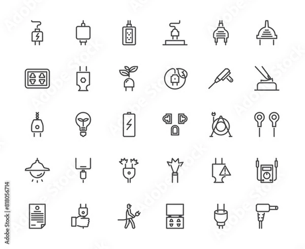 Fototapeta Simple outline icon set of electricity power adapter wire and plug connector, 48x48 pixel perfect icon, editable stroke white background