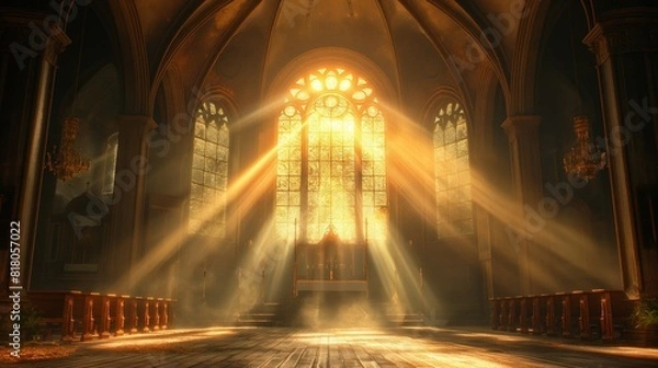 Fototapeta Classic church hall, with lights coming out of the large window, backlighting, and ray tracing