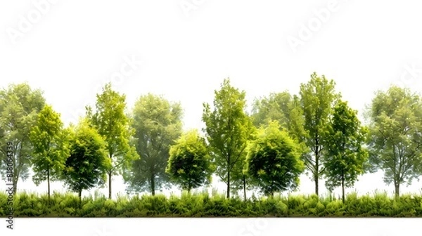 Fototapeta A serene row of green trees standing against a clear white background, illustrating a peaceful and natural landscape setting.