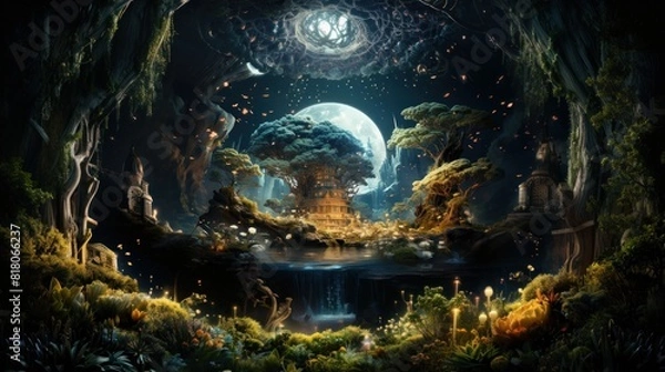Fototapeta Magical Fantasy World with Dreamlike Scenery Featuring an Illuminated Moon