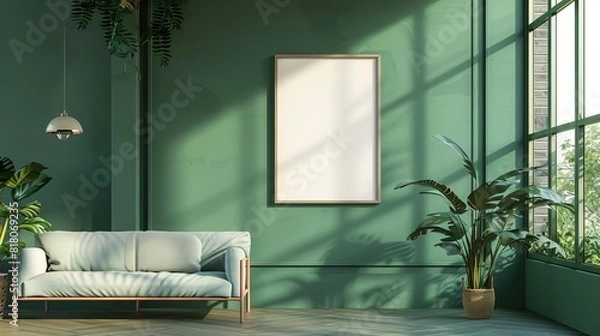 Fototapeta green wall with framed poster mockup closeup contemporary gallery space 3d rendering