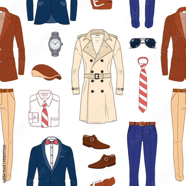 Fototapeta Men's Fashion set, formal wear, clothes and accessories, vector seamless pattern background 