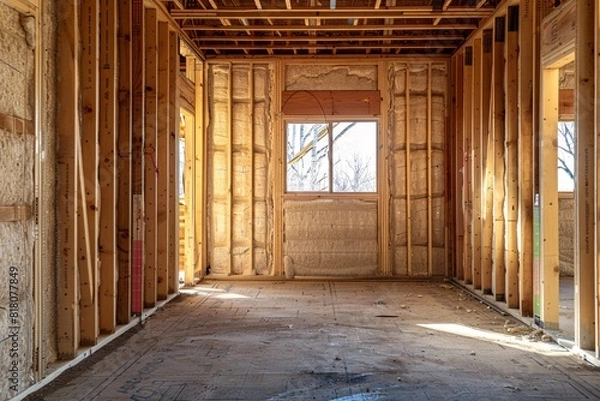 Fototapeta A room with wooden framing and multiple windows, devoid of any furniture or occupants