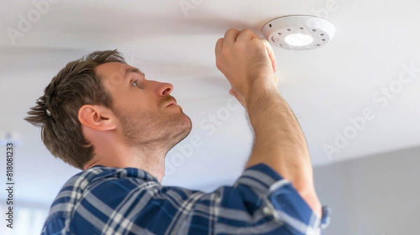 Fototapeta electrician installing a smoke alarm