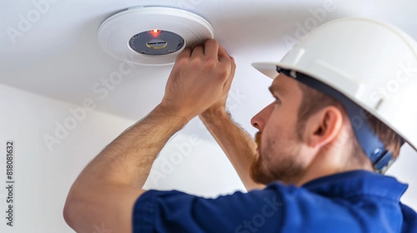 Fototapeta electrician installing a smoke alarm