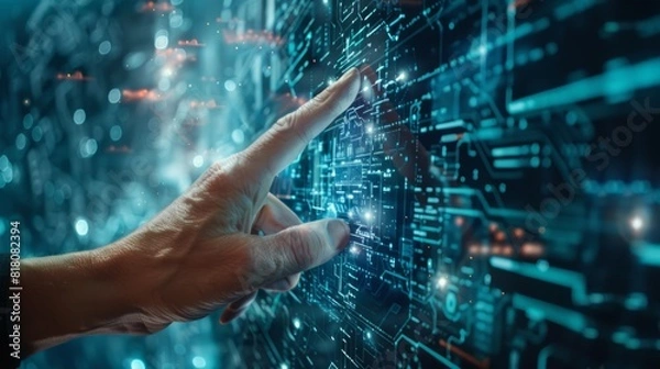Fototapeta Digital technology, internet network connection concept. Finger touching on virtual screen with futuristic technology background, data exchange, digital transformation