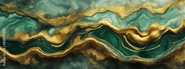 Fototapeta Background green gold abstract texture marble pattern liquid ink paint. Dark background green gold luxury stone wallpaper golden watercolor foil agate black art design emerald color fluid water moder	