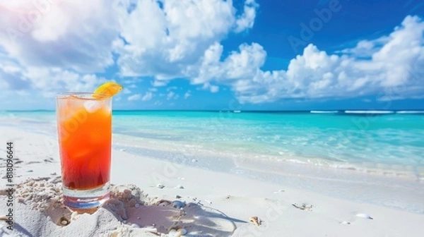 Obraz A tall glass of a tropical drink sits on the white sand of a beautiful beach. 
